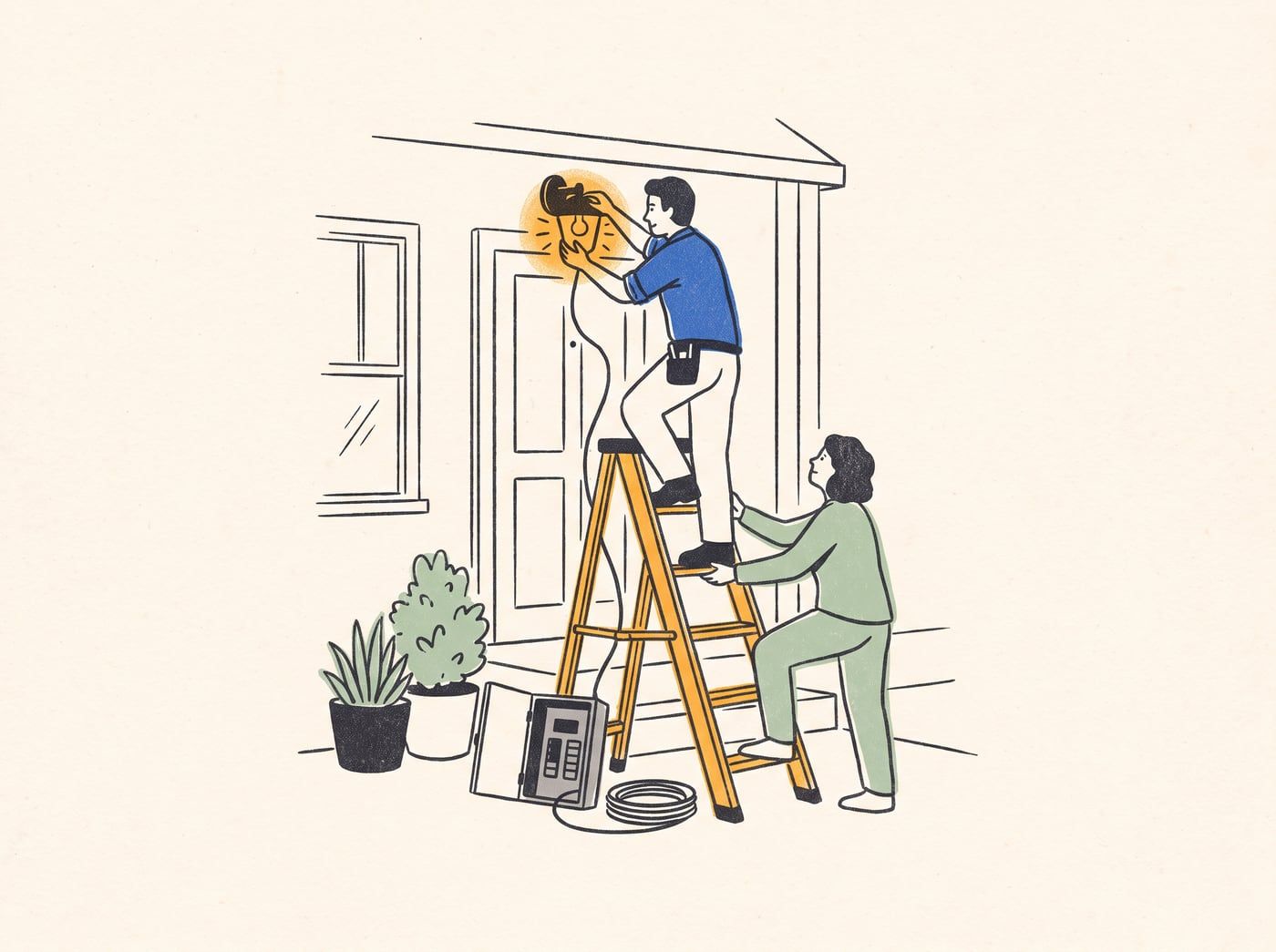 Illustration of an electrician on a step ladder installing a porch light while the homeowner steadies the ladder