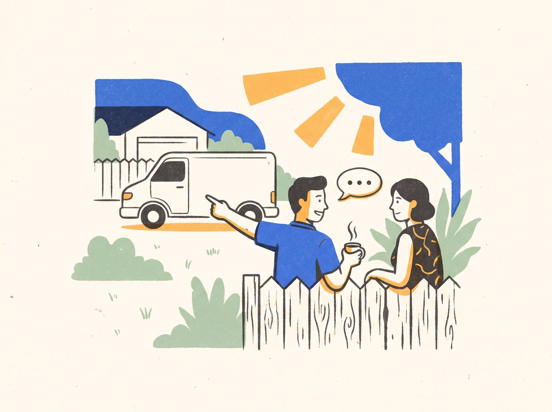 Illustration of two neighbors chatting over a backyard fence, one pointing across the street at a service van