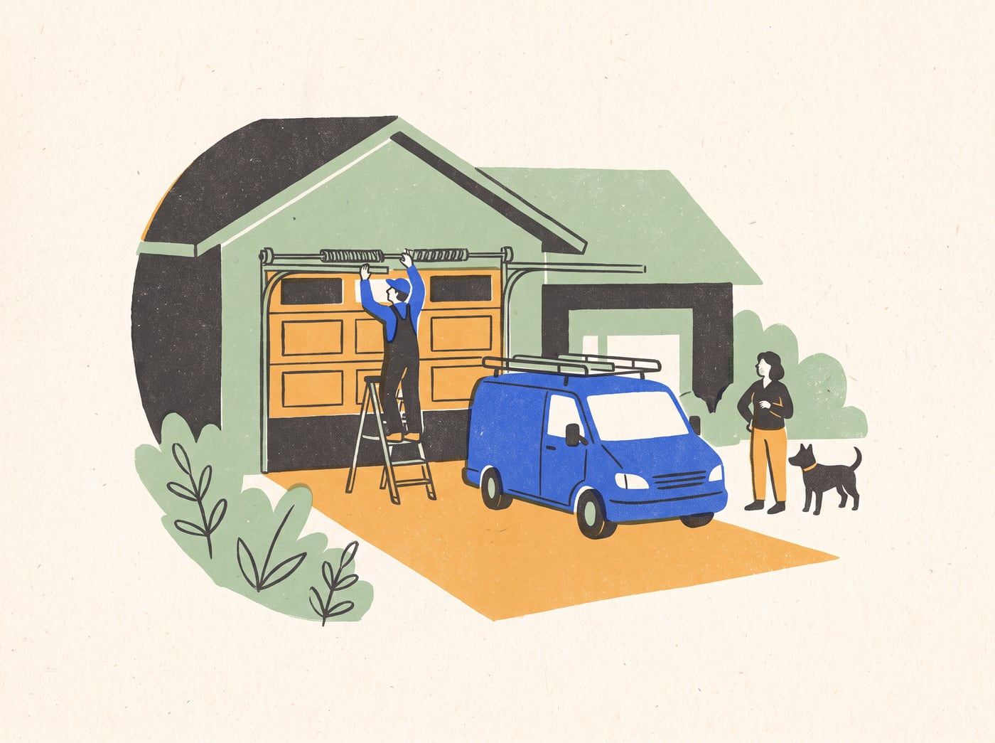 Illustration of a technician adjusting the springs on a garage door, with a service van in the driveway and a neighbor walking a dog