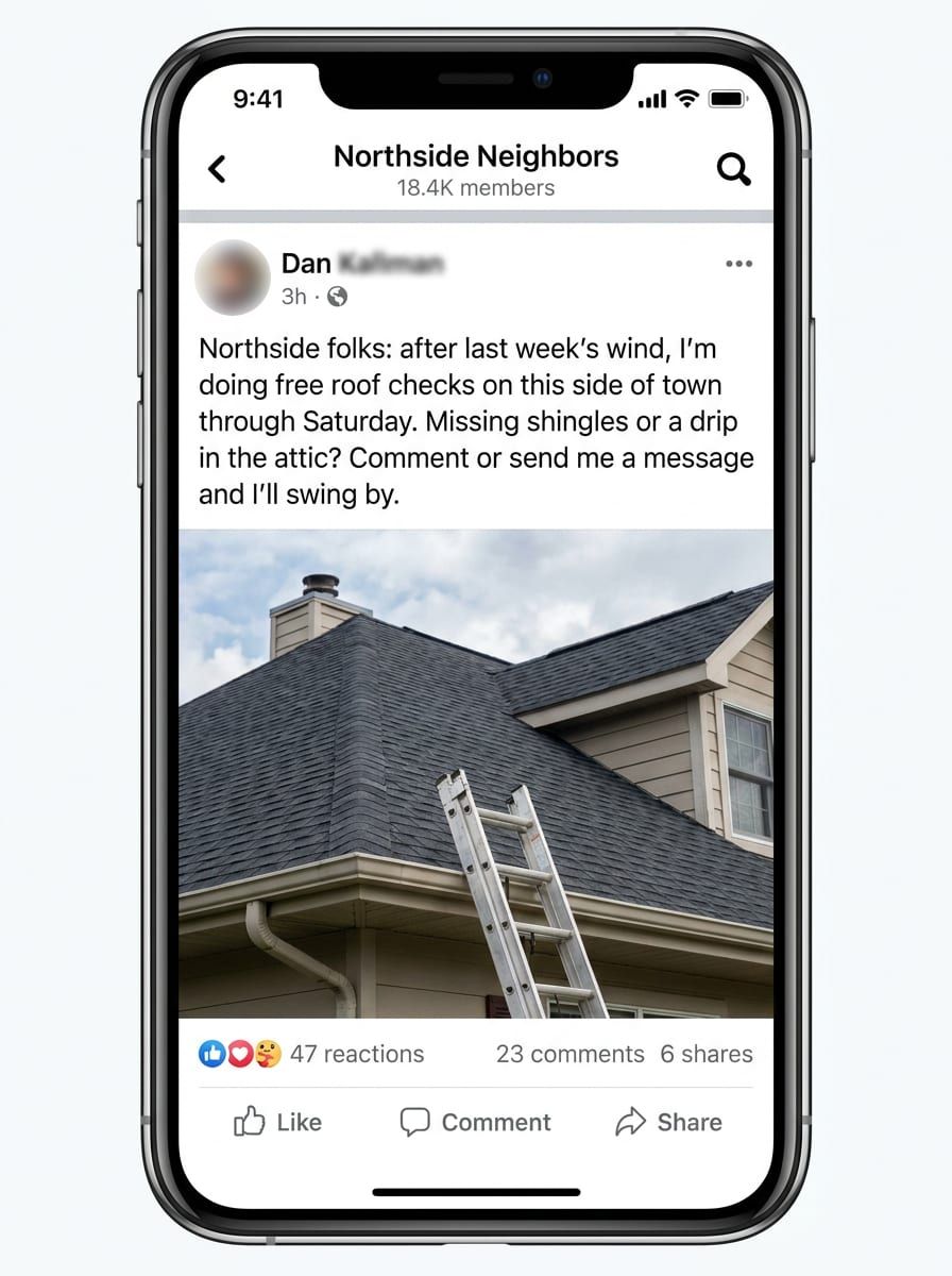 Phone screenshot of a roofer’s post in a town Facebook group offering free roof checks after a windstorm