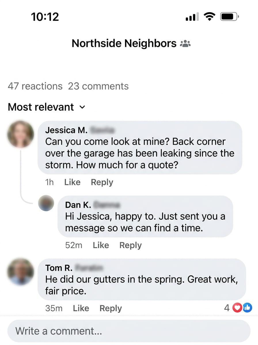 Phone screenshot of a homeowner commenting on the post to ask for a quote on a leaking roof, and the reply