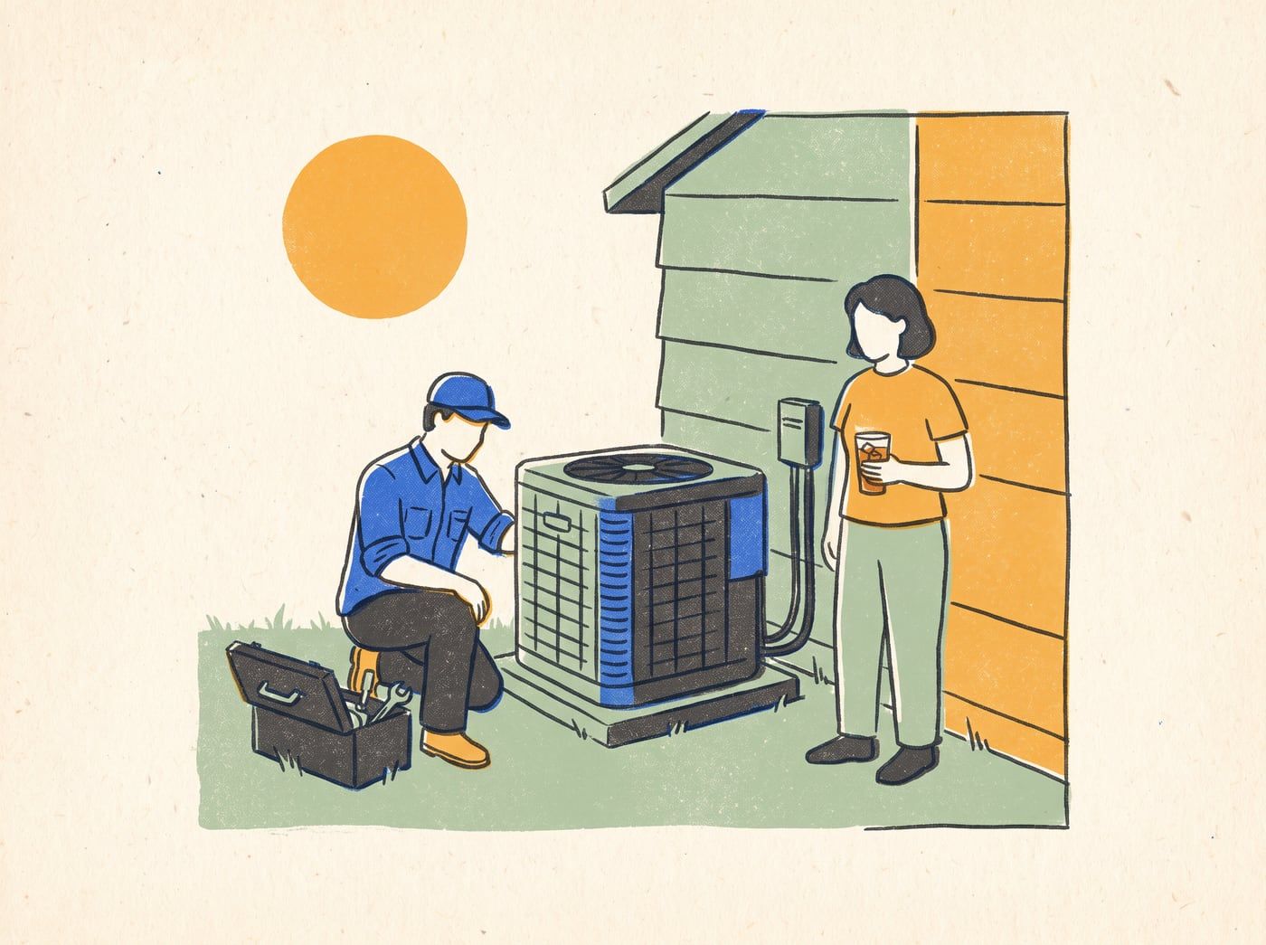 Illustration of a technician checking an outdoor AC condenser beside a house while the homeowner holds an iced tea