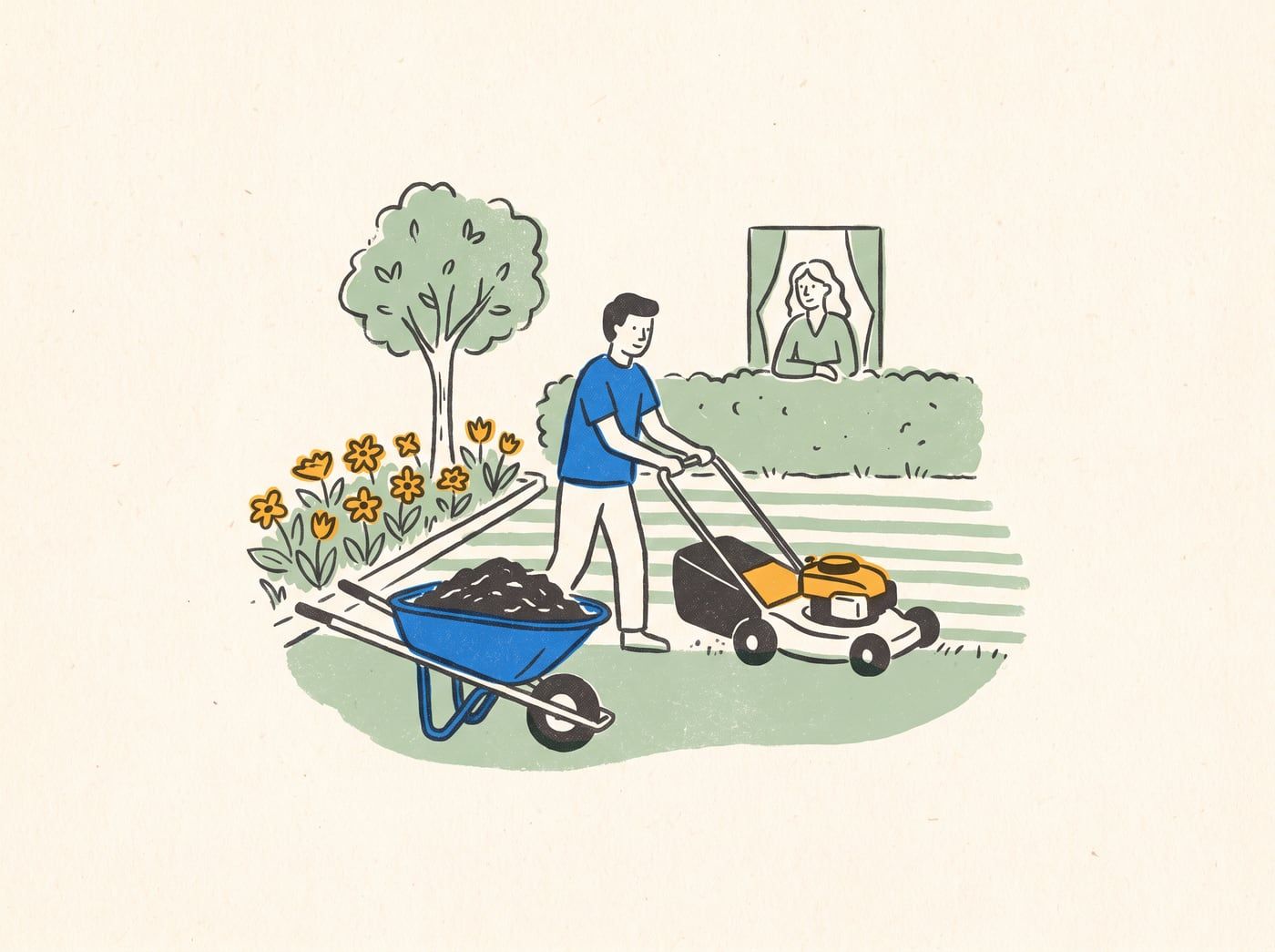 Illustration of a landscaper mowing a striped lawn next to a wheelbarrow of mulch and a fresh flower bed