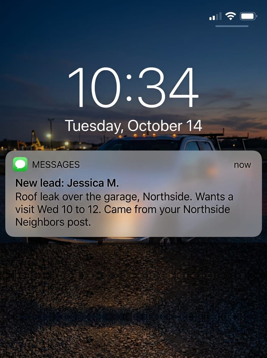 Phone lock screen with a new lead alert naming the homeowner, the job and the post it came from