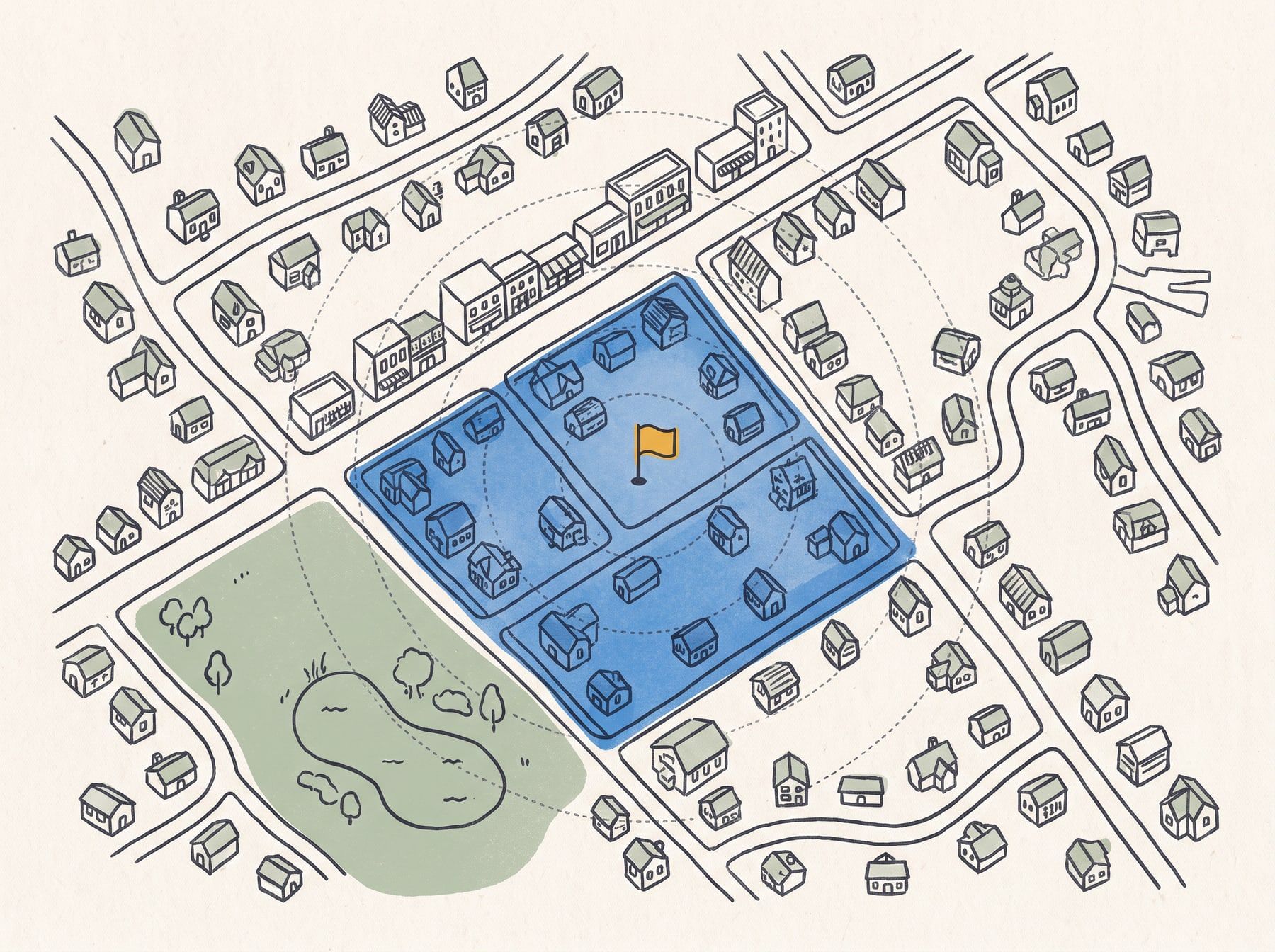 Illustrated town map with one neighborhood shaded blue and a flag planted in the middle