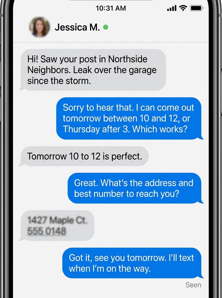 Phone screenshot of a message thread where the homeowner books a visit and shares an address