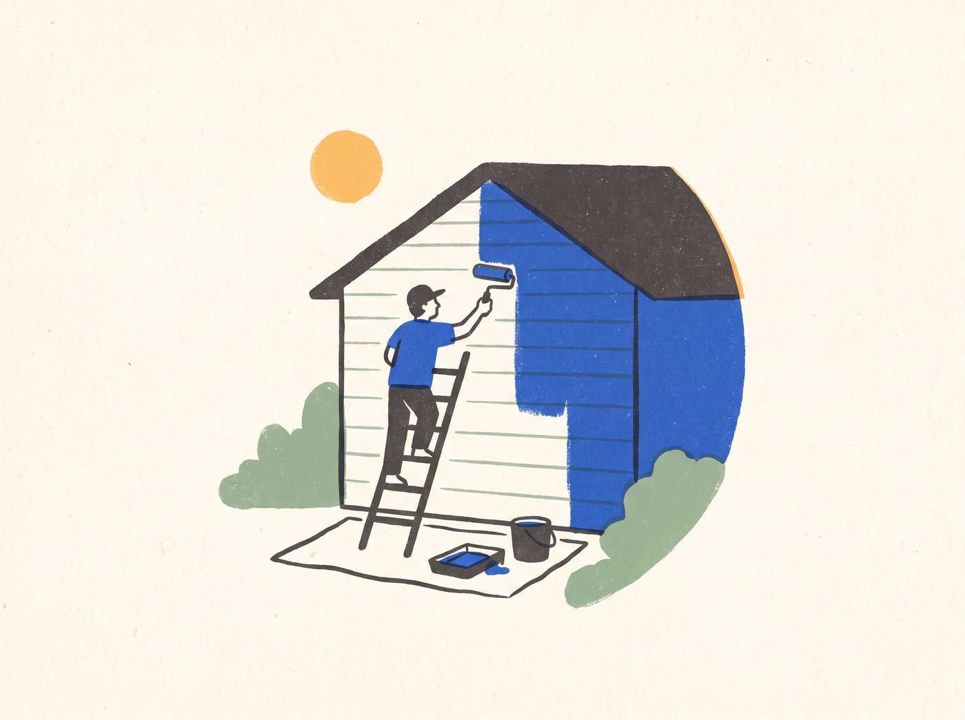 Illustration of a painter on a ladder rolling blue paint onto the siding of a house
