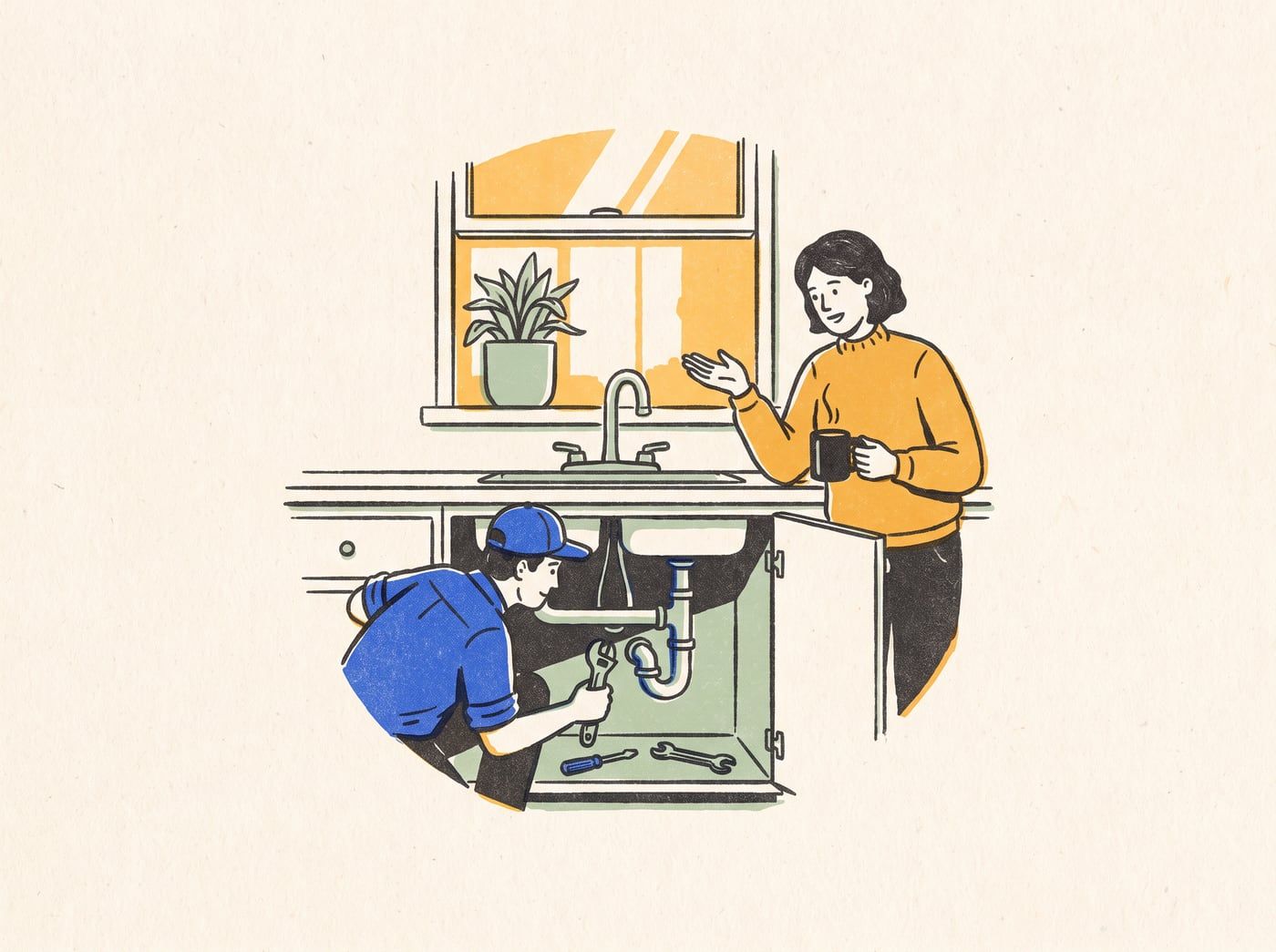 Illustration of a plumber working on the pipes under a kitchen sink while the homeowner chats with a coffee mug