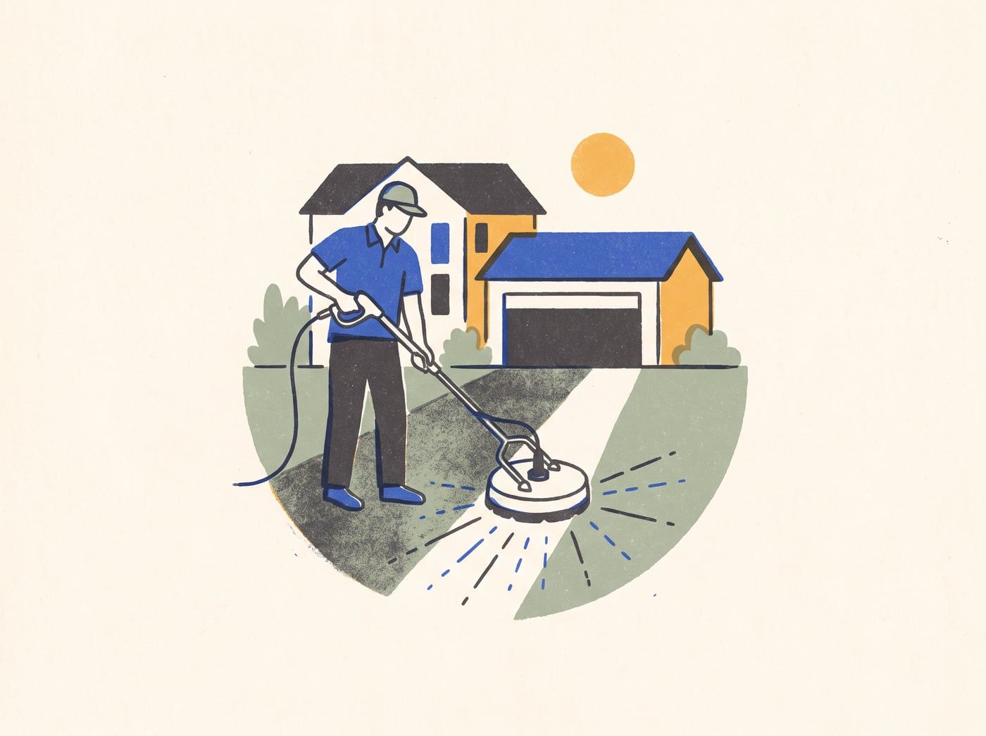 Illustration of a worker pressure washing a driveway, leaving a clean stripe beside the stained concrete