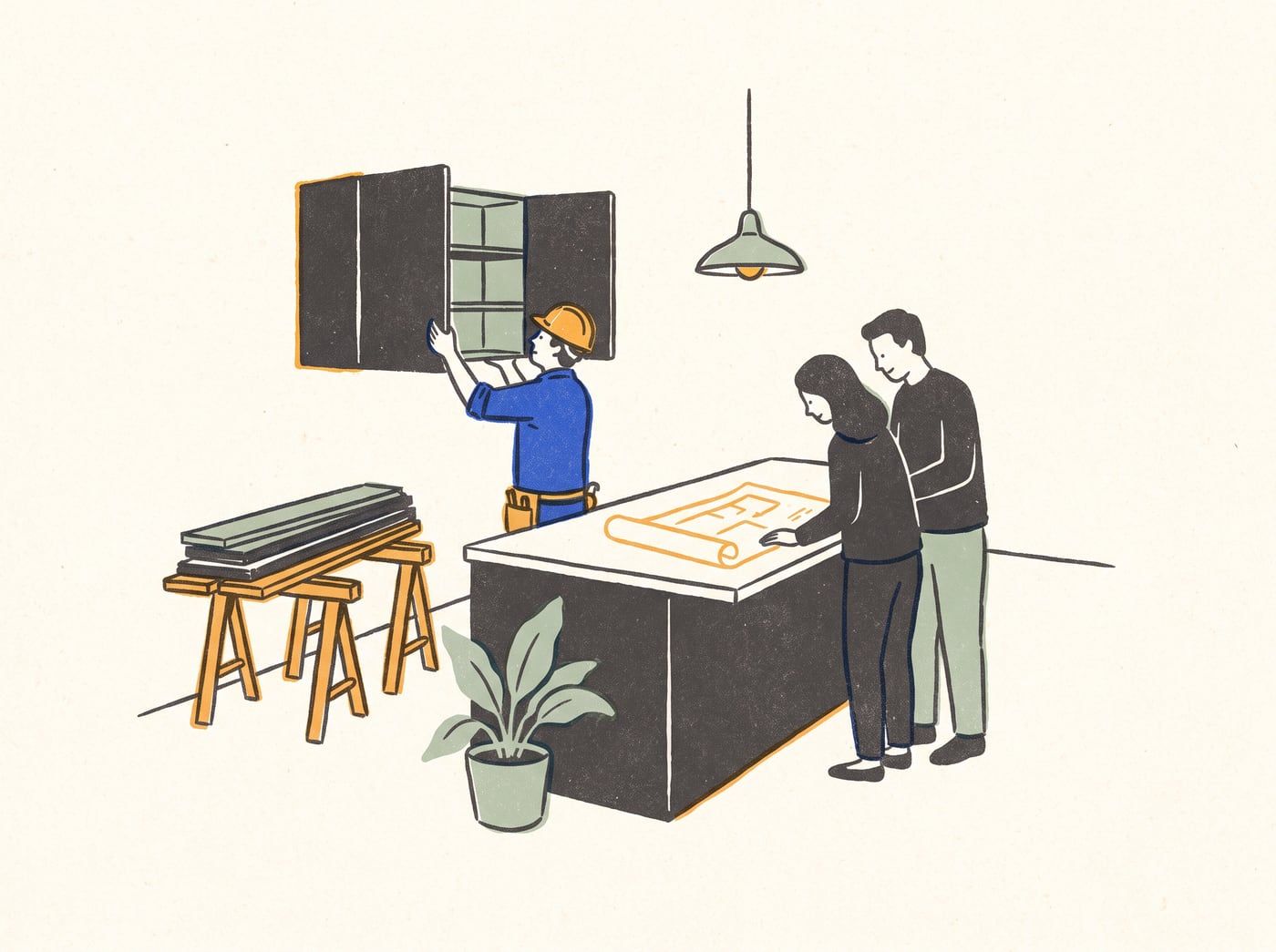 Illustration of a contractor hanging a kitchen cabinet while a couple reviews plans on the new island