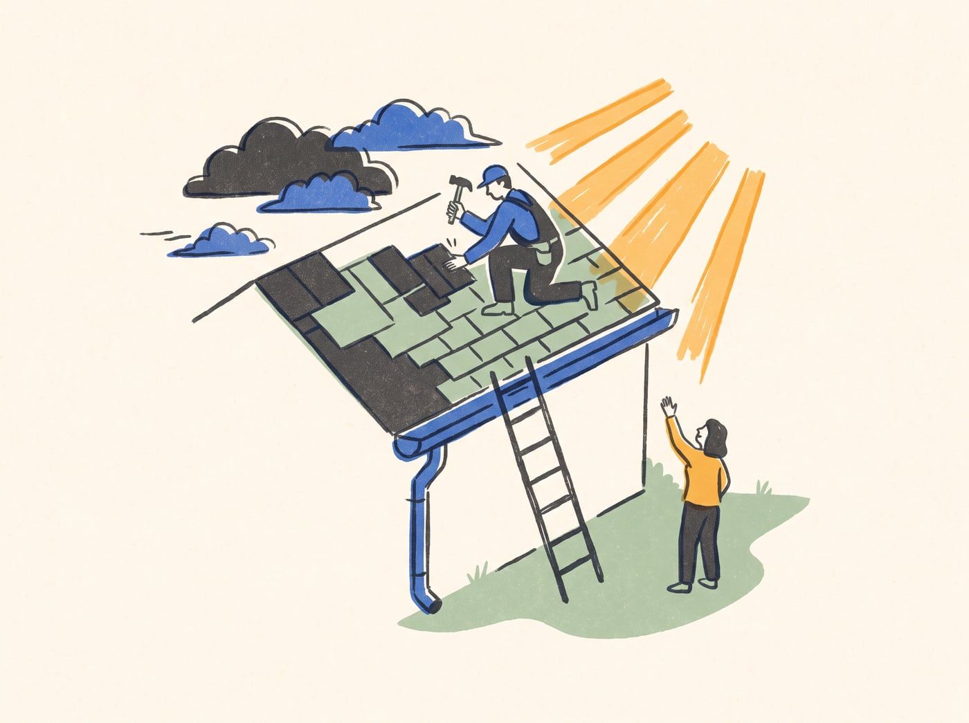 Illustration of a roofer laying shingles on a pitched roof while a neighbor waves from the lawn below