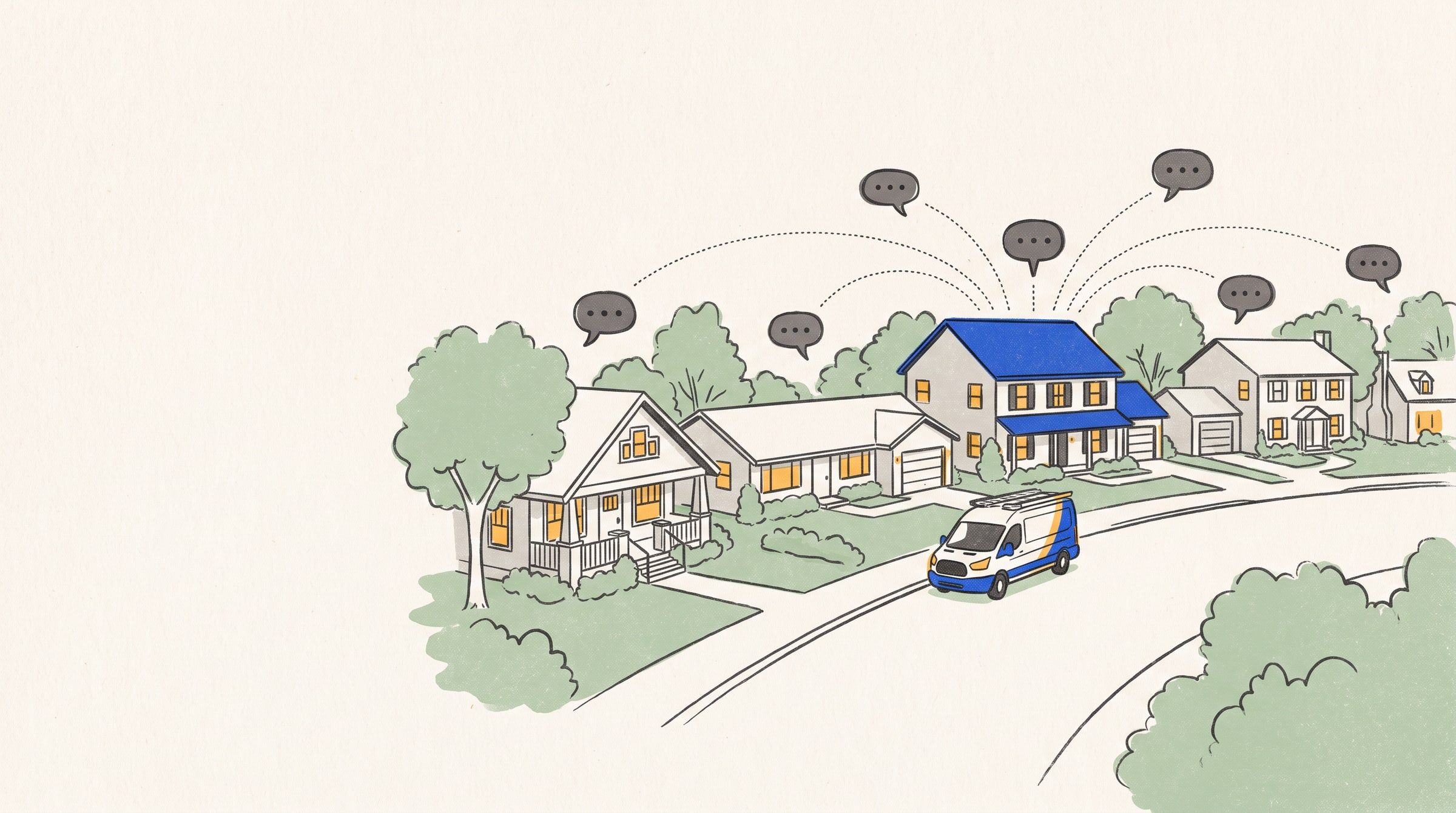 Illustration of a suburban street where speech bubbles from neighboring houses all point to one house with a blue roof